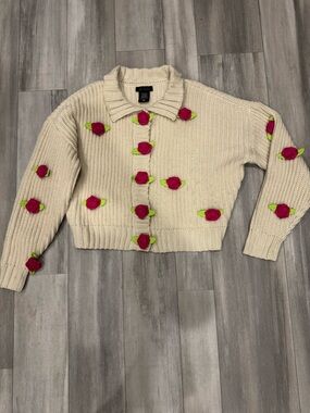 Sweet Society Cropped Cream Knit Cardigan with Pink Rose Appliqués